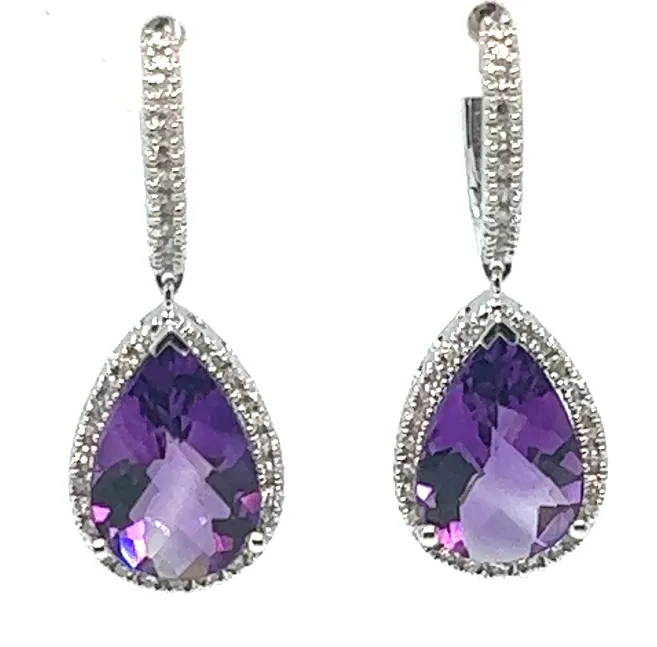 14W Pear Shaped Amethyst with Halo Diamond Drop Earrings