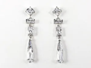 Beautiful Mix Shape Pattern CZ Long Narrow Brass Earrings