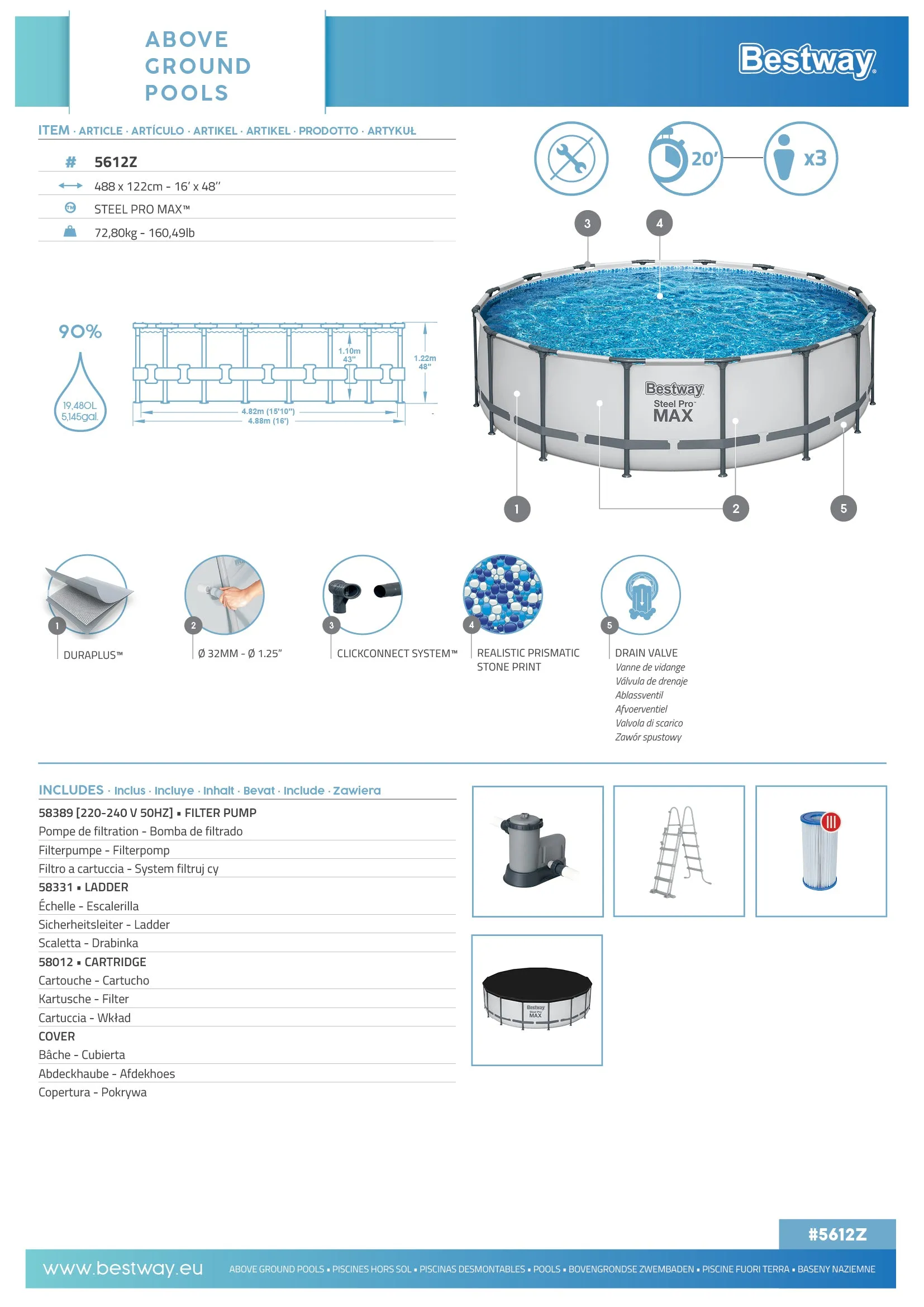 Bestway (5612Z) Steel Pro MAX™ 16' x 48"/4.88m x 1.22m Pool Set
