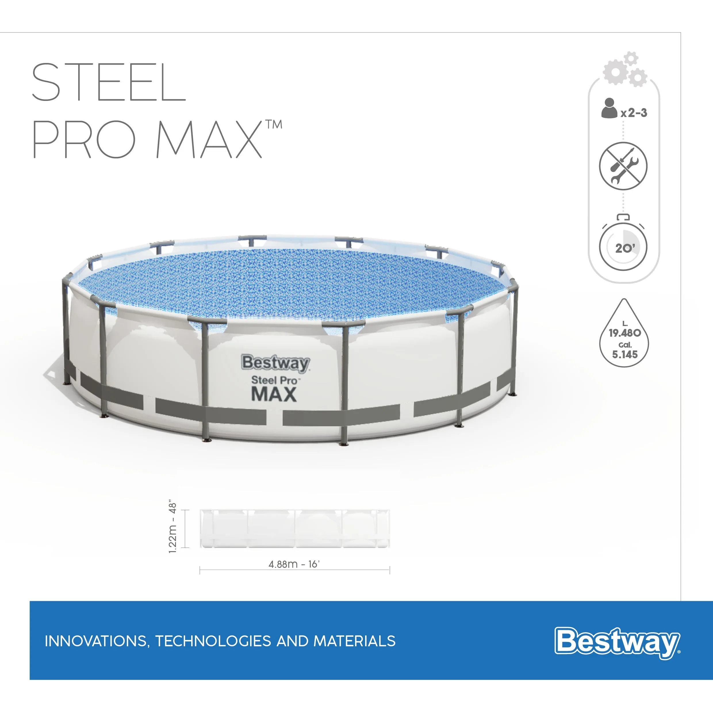 Bestway (5612Z) Steel Pro MAX™ 16' x 48"/4.88m x 1.22m Pool Set