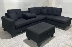 Black Fabric Sectional With Drop Down Cup Holder & Throw Pillows- Model #2401