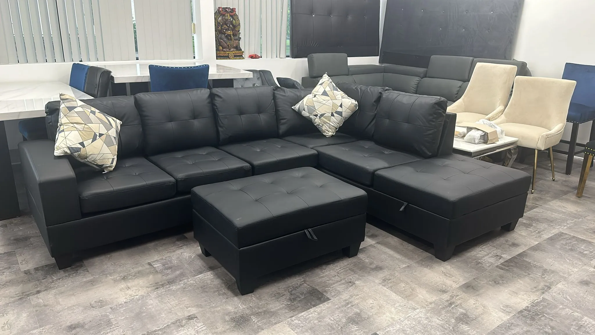Black Leather Sectional With Drop Down Cup Holder & Throw Pillows- Extra Storage- Model #1982