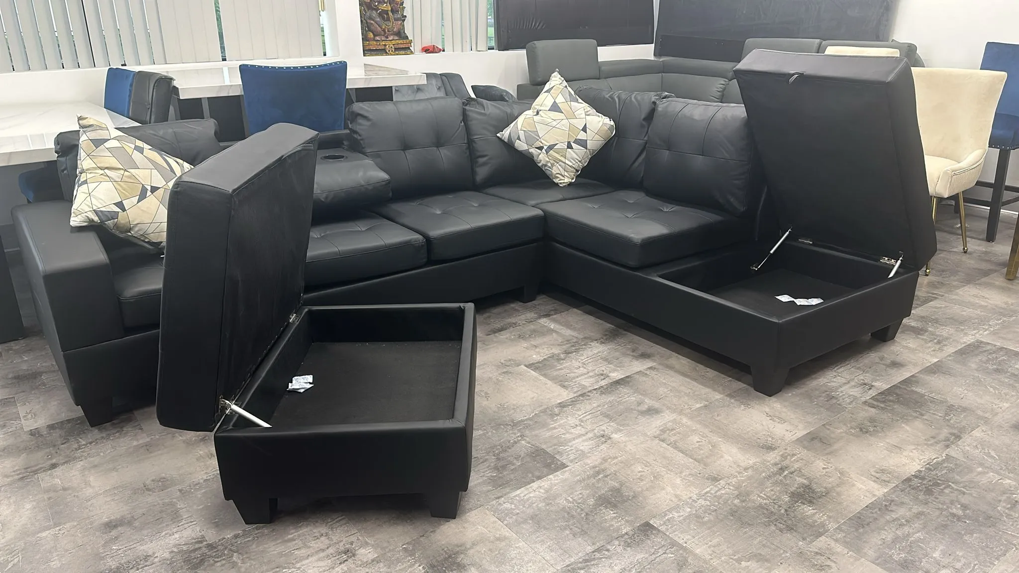 Black Leather Sectional With Drop Down Cup Holder & Throw Pillows- Extra Storage- Model #1982