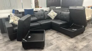 Black Leather Sectional With Drop Down Cup Holder & Throw Pillows- Extra Storage- Model #1982