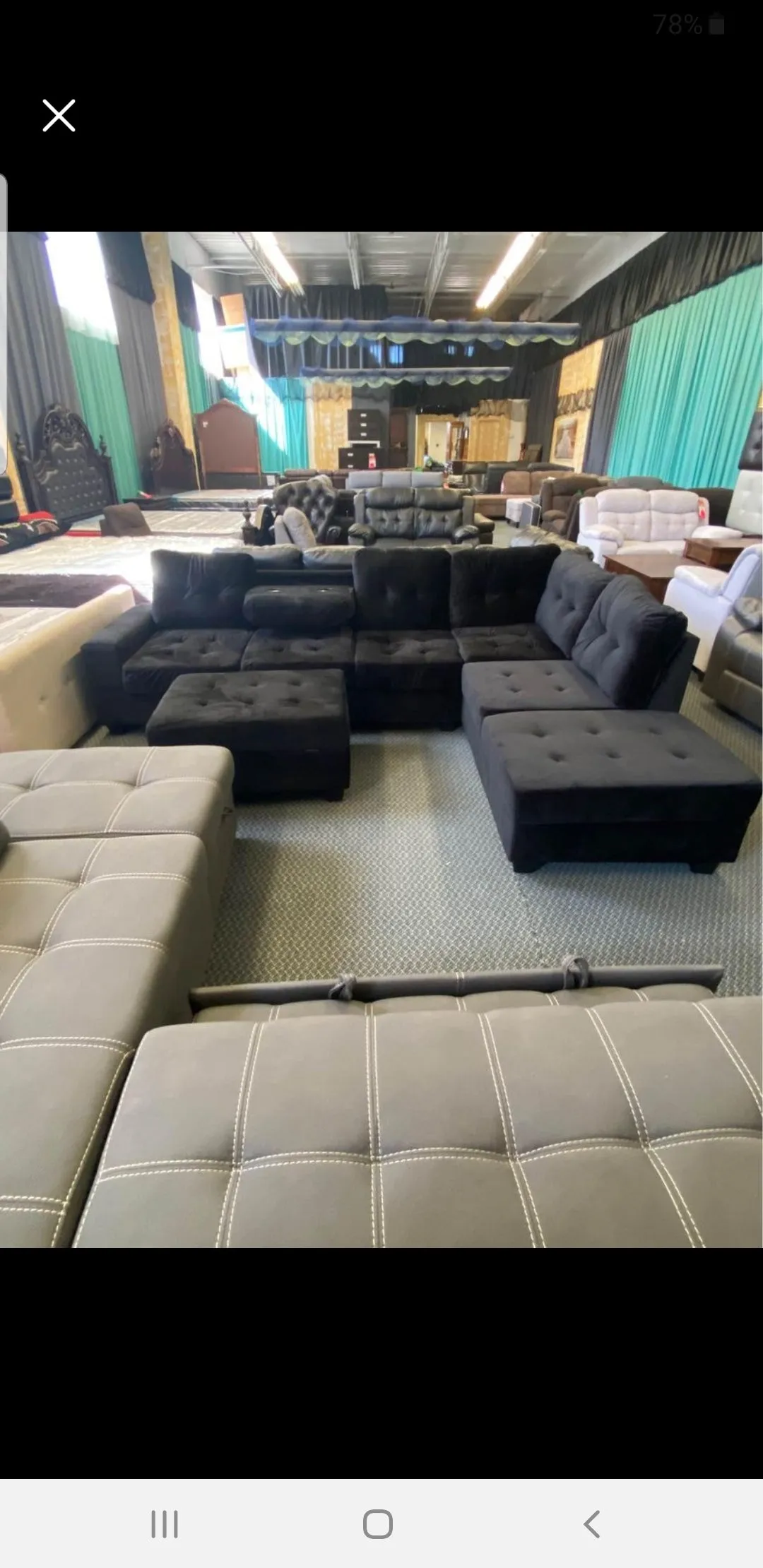 Black Velvet Sectional With Storage Ottoman With Drop Down Cup Holders- Model Albert