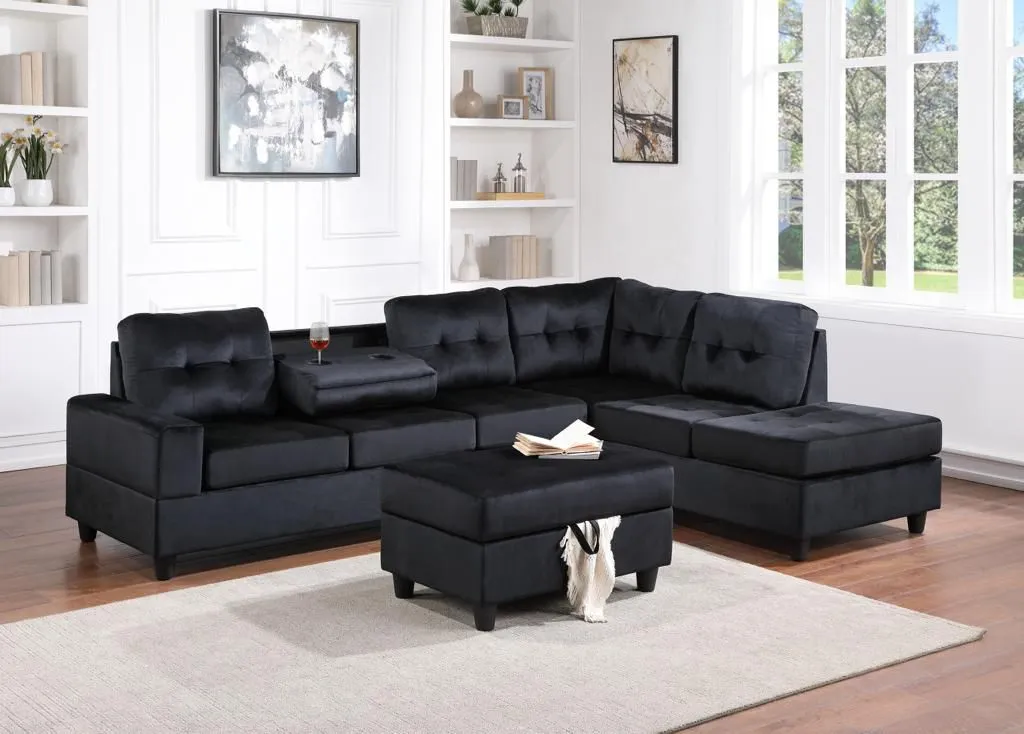 Black Velvet Sectional With Storage Ottoman With Drop Down Cup Holders- Model Albert