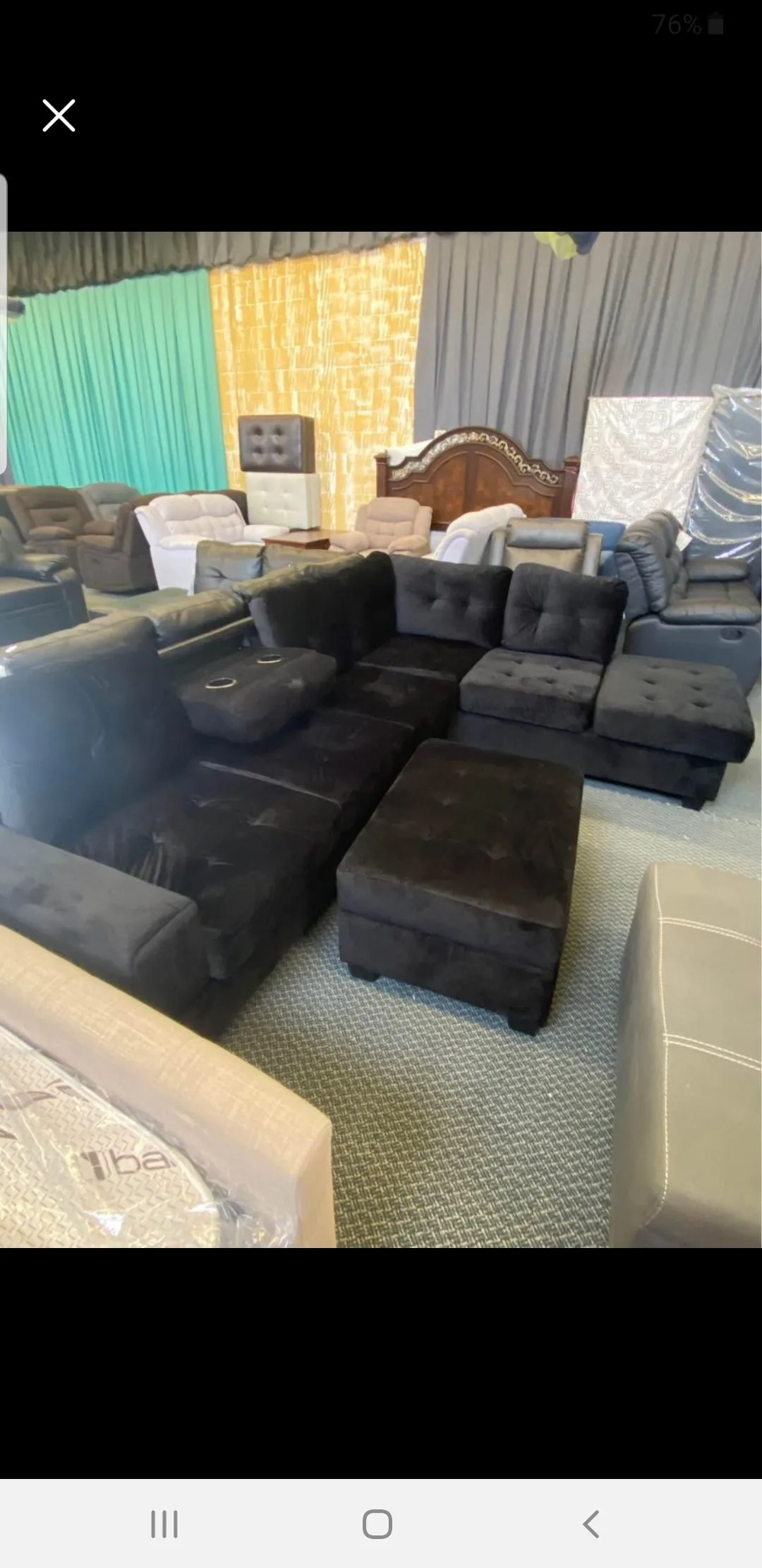 Black Velvet Sectional With Storage Ottoman With Drop Down Cup Holders- Model Albert