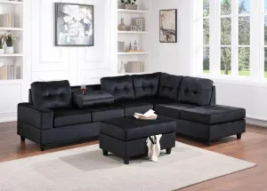 Black Velvet Sectional With Storage Ottoman With Drop Down Cup Holders- Model Albert