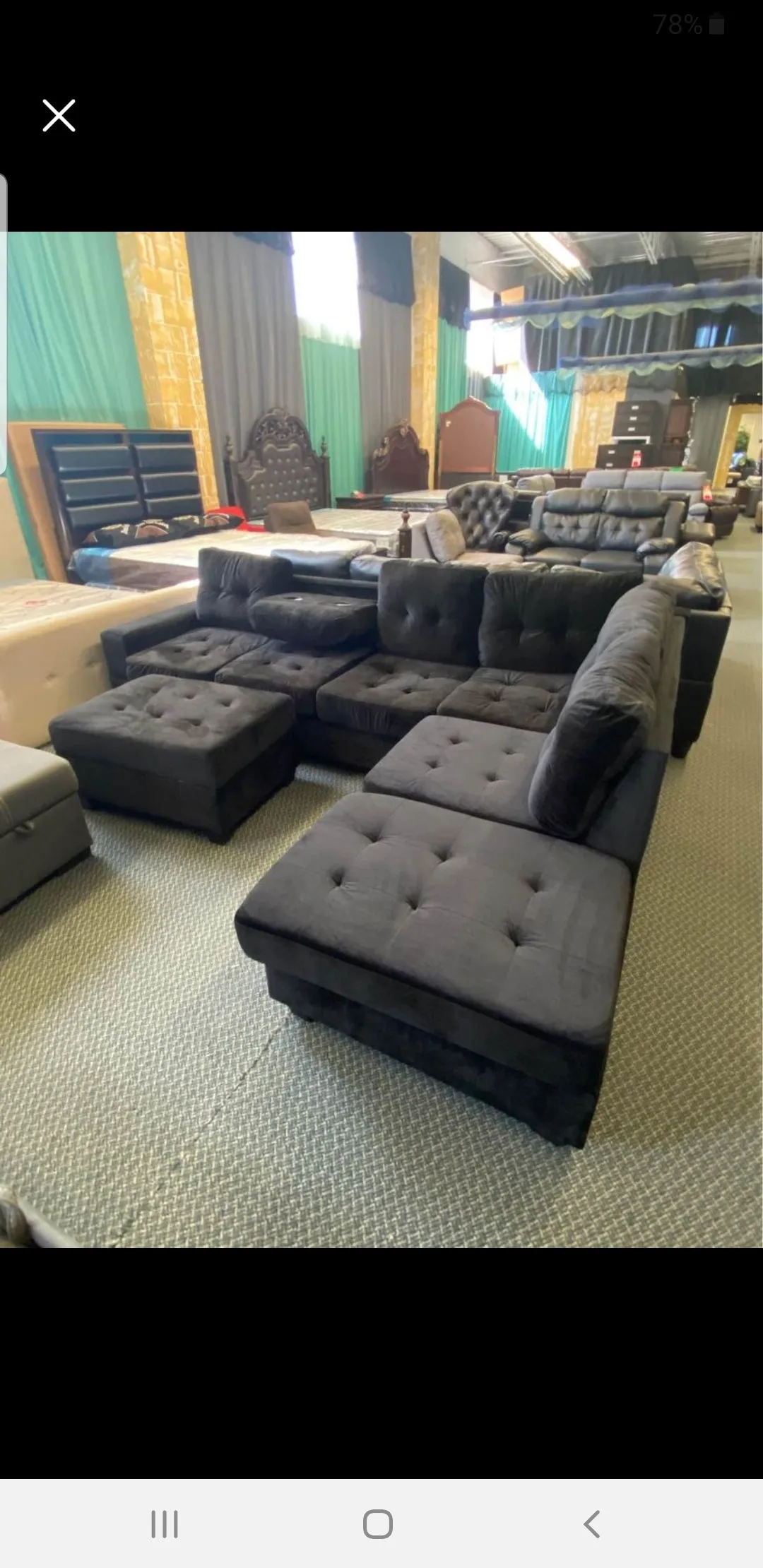 Black Velvet Sectional With Storage Ottoman With Drop Down Cup Holders- Model Albert