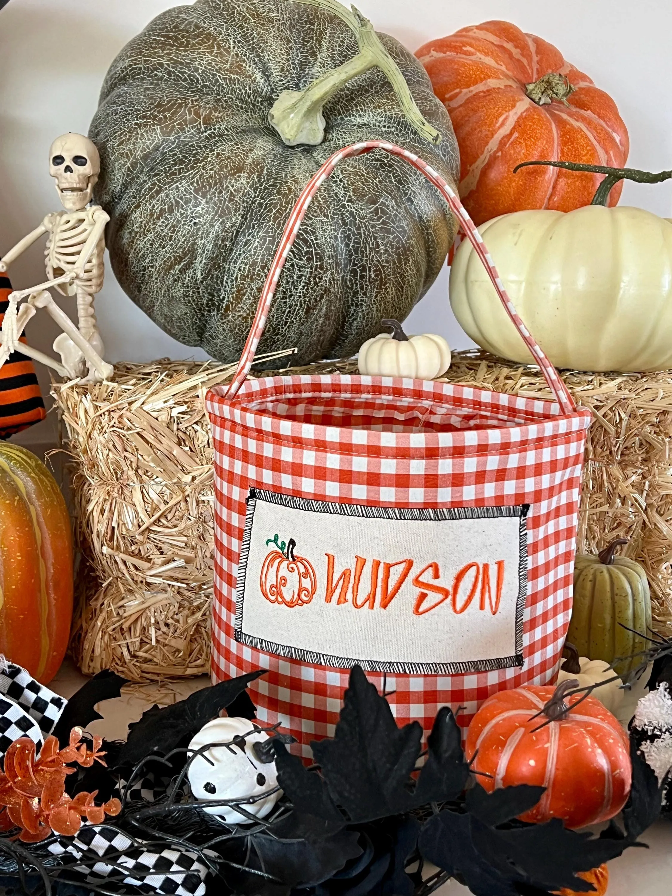 Burnt Orange Gingham Trick or Treat Bag, Pumpkin Trick-or-Treat Bucket