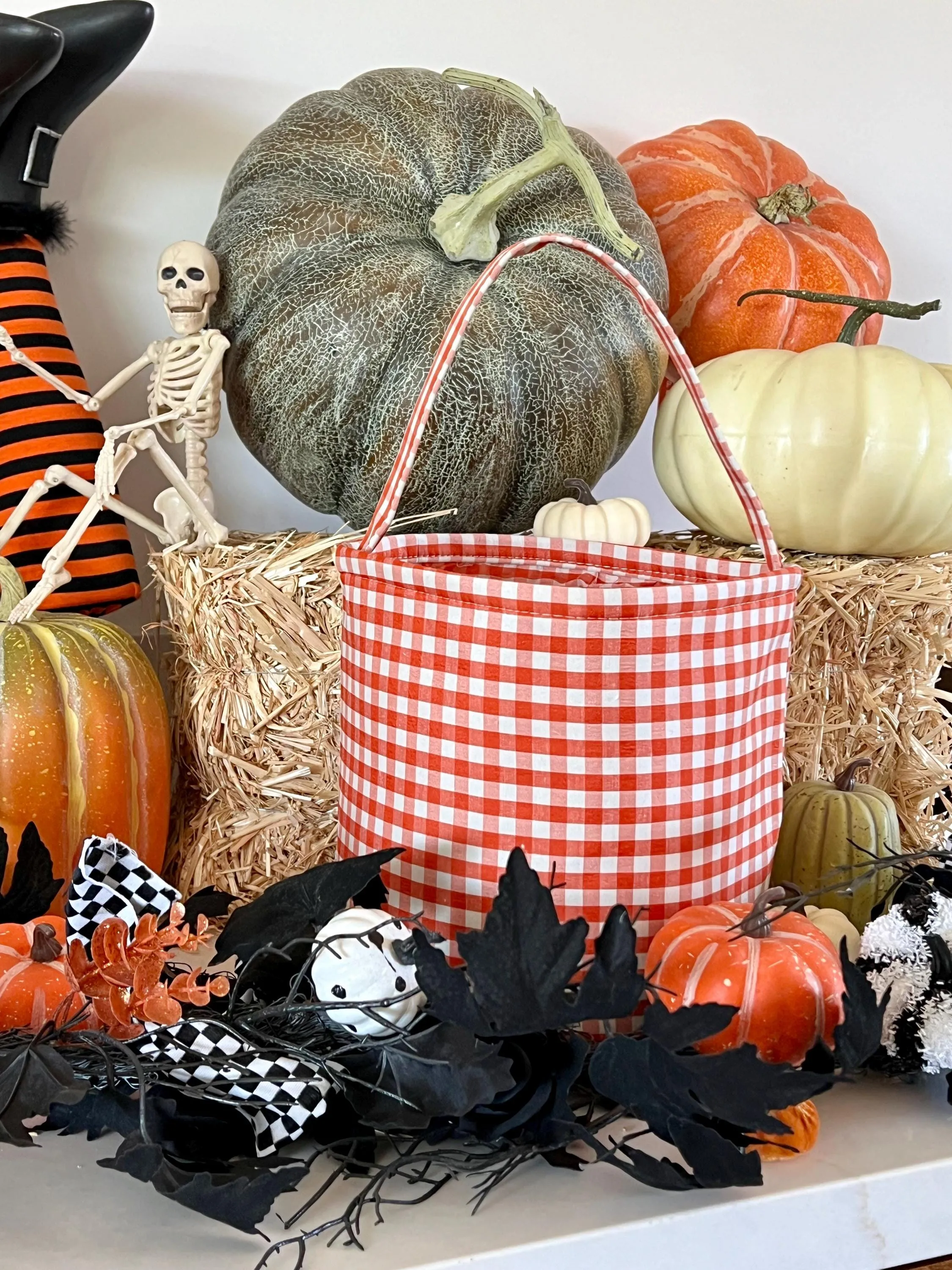 Burnt Orange Gingham Trick or Treat Bag, Pumpkin Trick-or-Treat Bucket