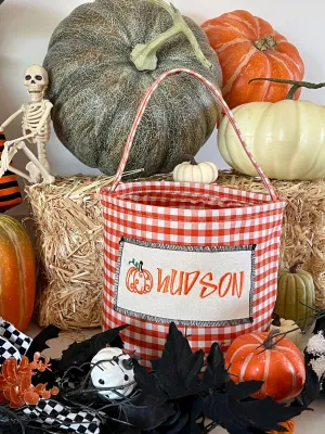 Burnt Orange Gingham Trick or Treat Bag, Pumpkin Trick-or-Treat Bucket