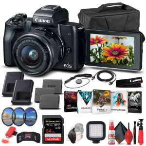 Canon EOS M50 Mirrorless Camera W/15-45mm Lens Black 2680C011  - Advanced Bundle