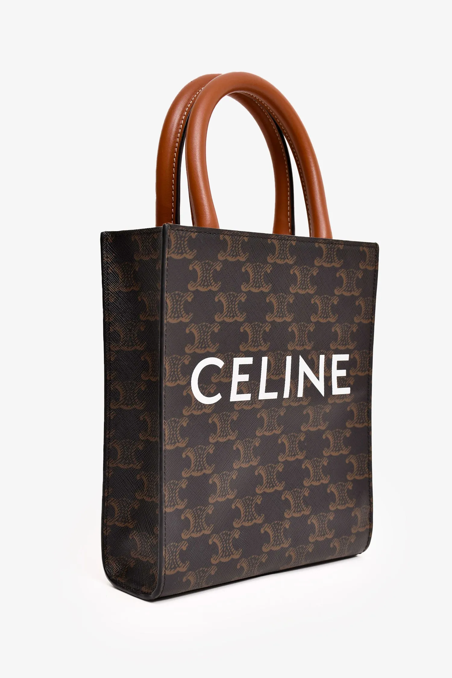 Celine 2020 Brown Cavas/Leather Mini Triomphe Vertical Tote with Strap
