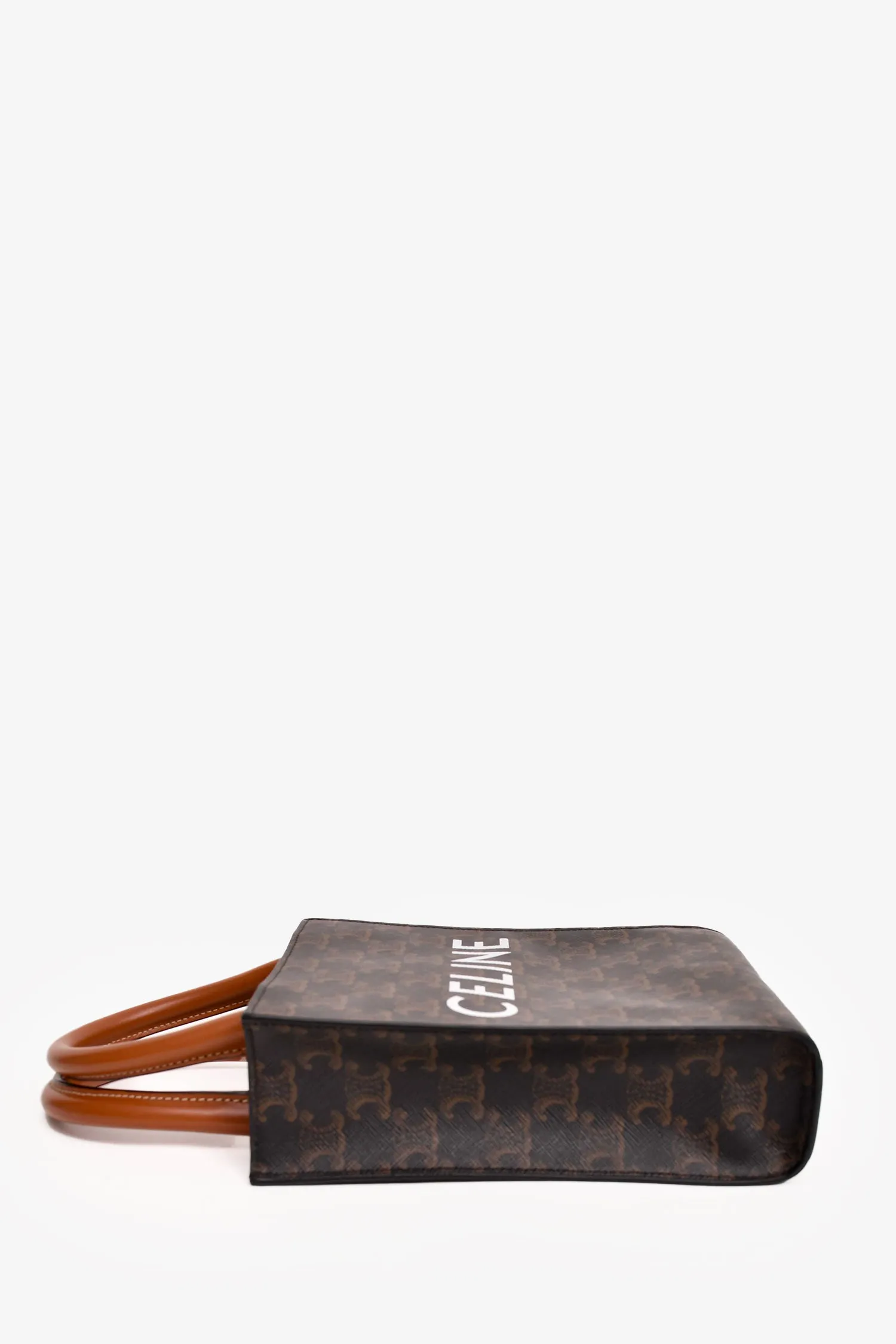Celine 2020 Brown Cavas/Leather Mini Triomphe Vertical Tote with Strap