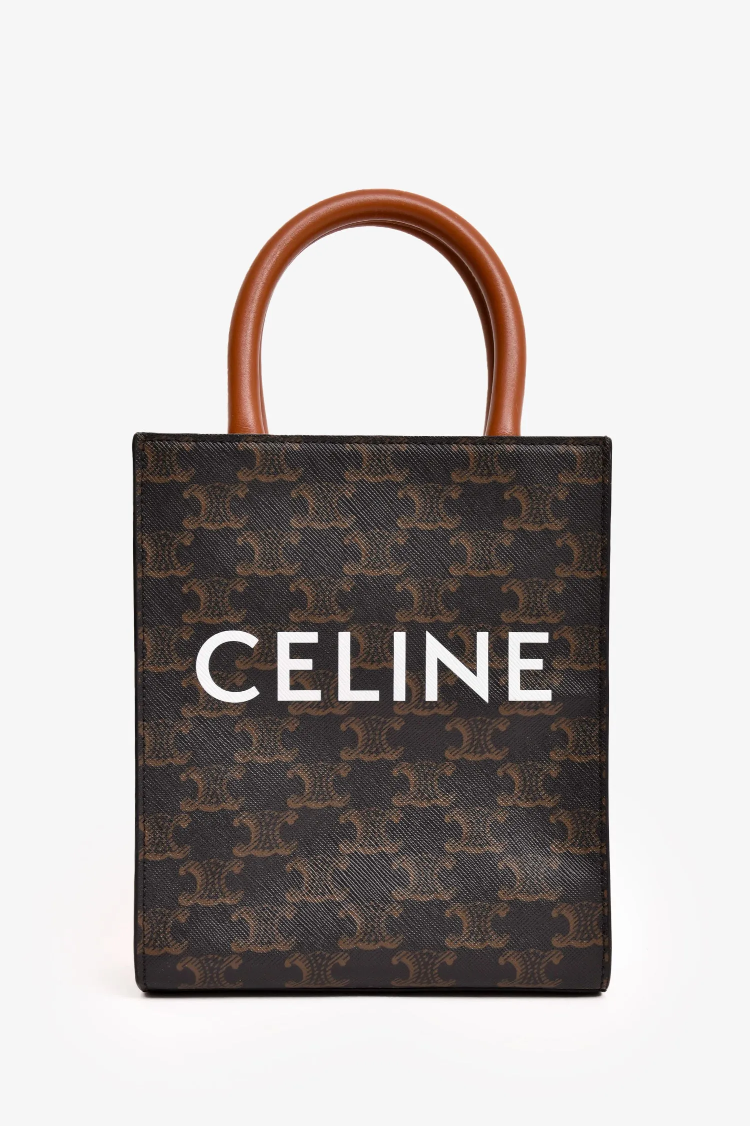 Celine 2020 Brown Cavas/Leather Mini Triomphe Vertical Tote with Strap
