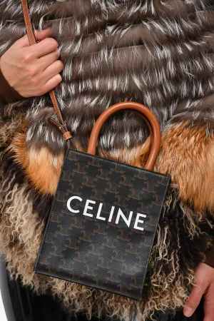 Celine 2020 Brown Cavas/Leather Mini Triomphe Vertical Tote with Strap