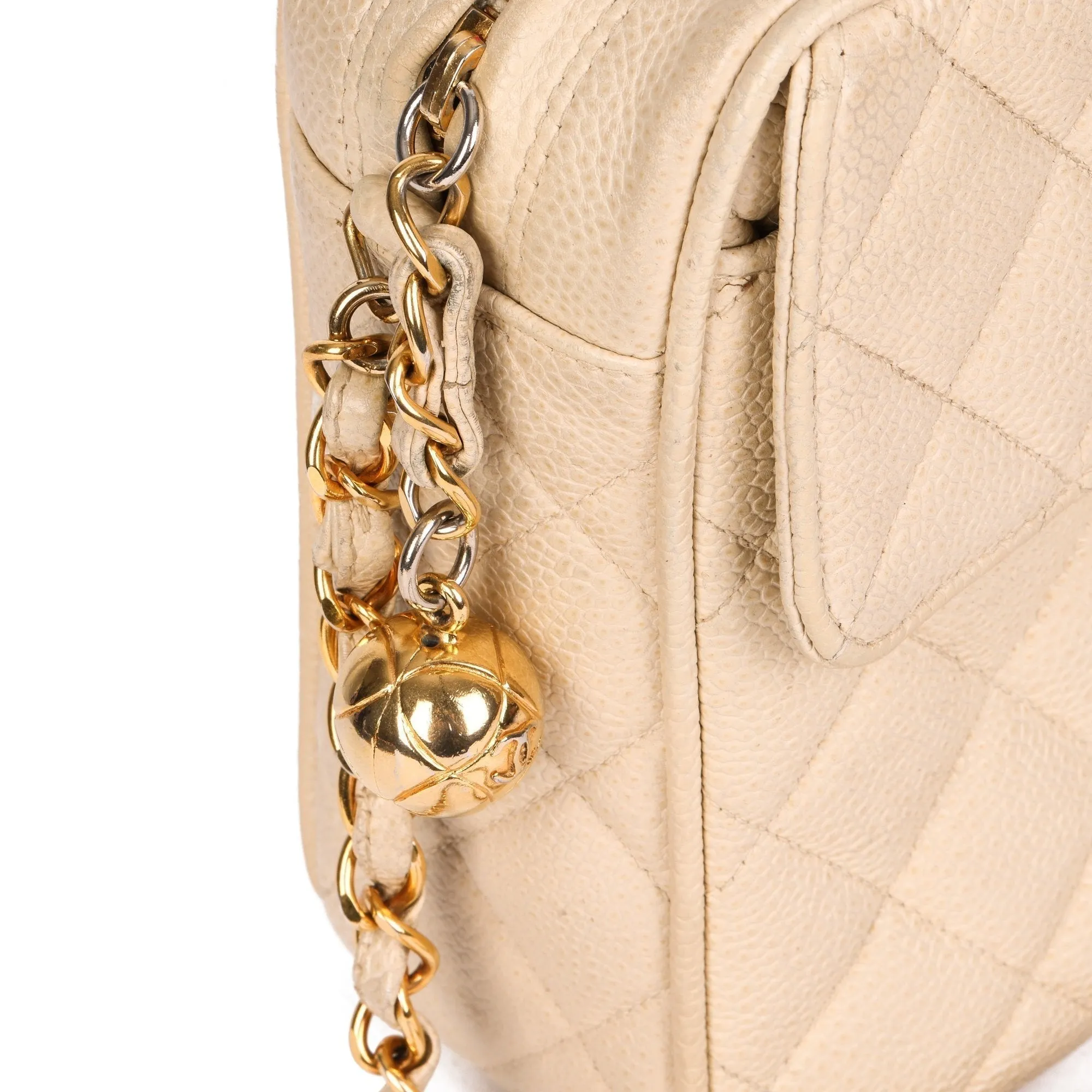 Chanel Beige Quilted Caviar Leather Vintage Small Classic Camera Bag