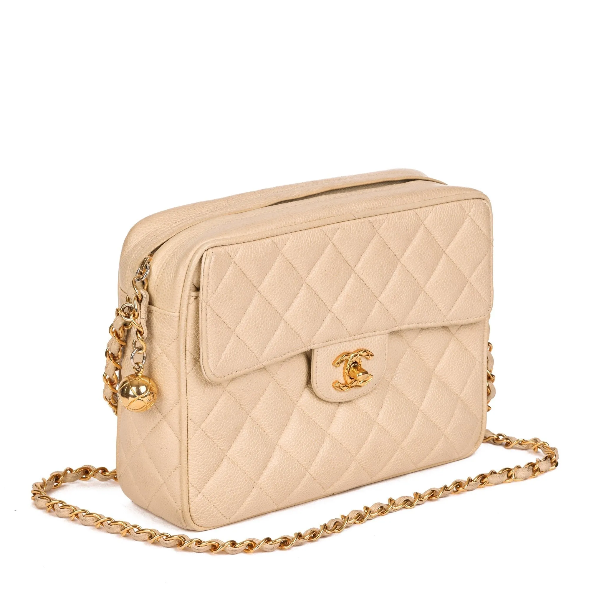Chanel Beige Quilted Caviar Leather Vintage Small Classic Camera Bag