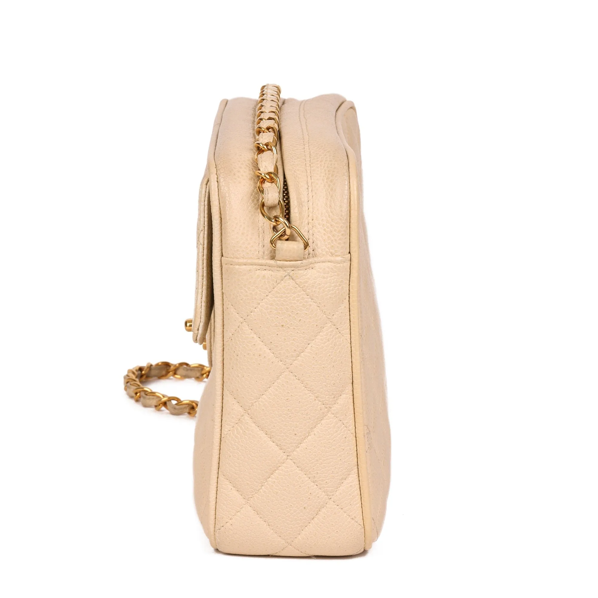 Chanel Beige Quilted Caviar Leather Vintage Small Classic Camera Bag