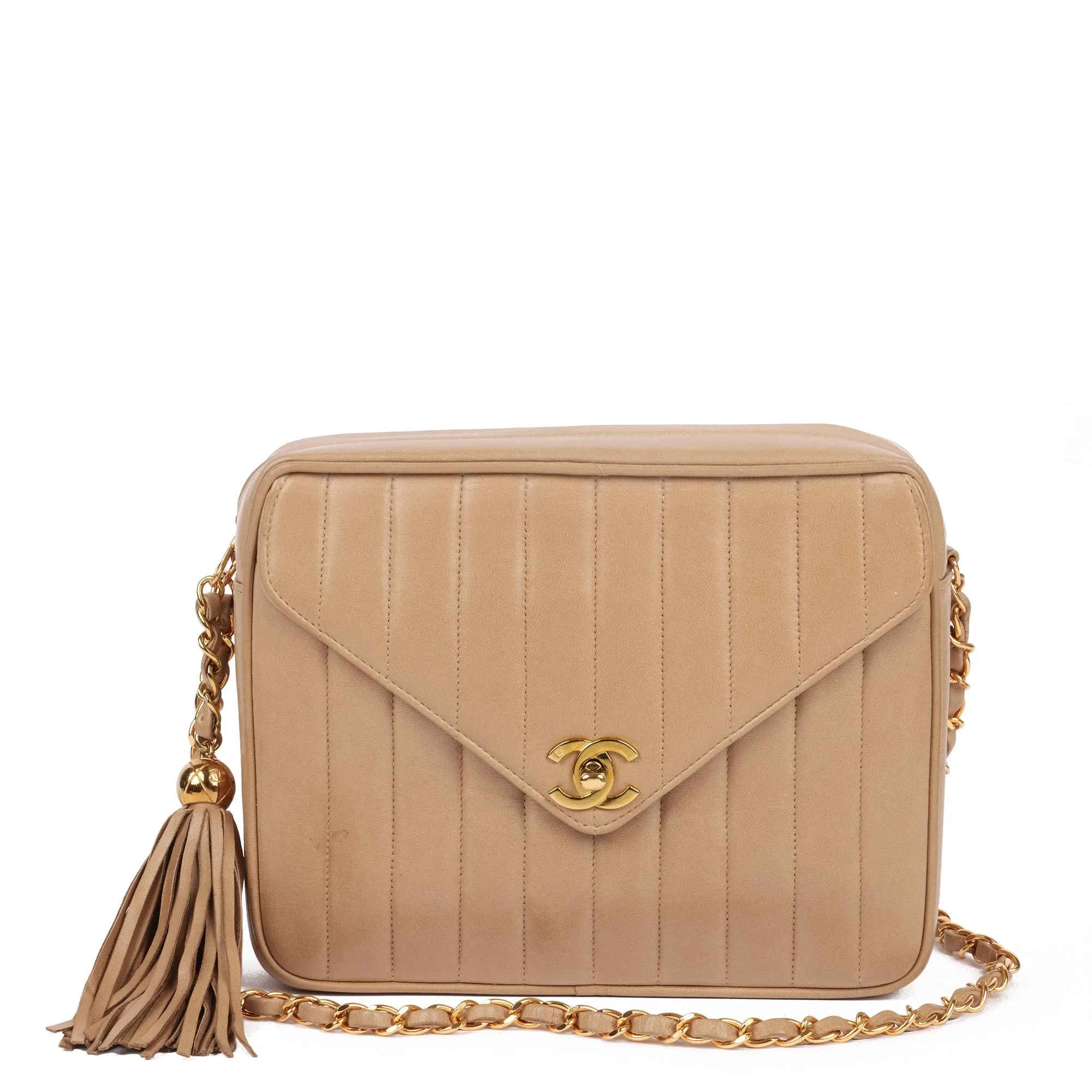 Chanel Beige Vertical Quilted Lambskin Vintage Small Classic Camera Bag