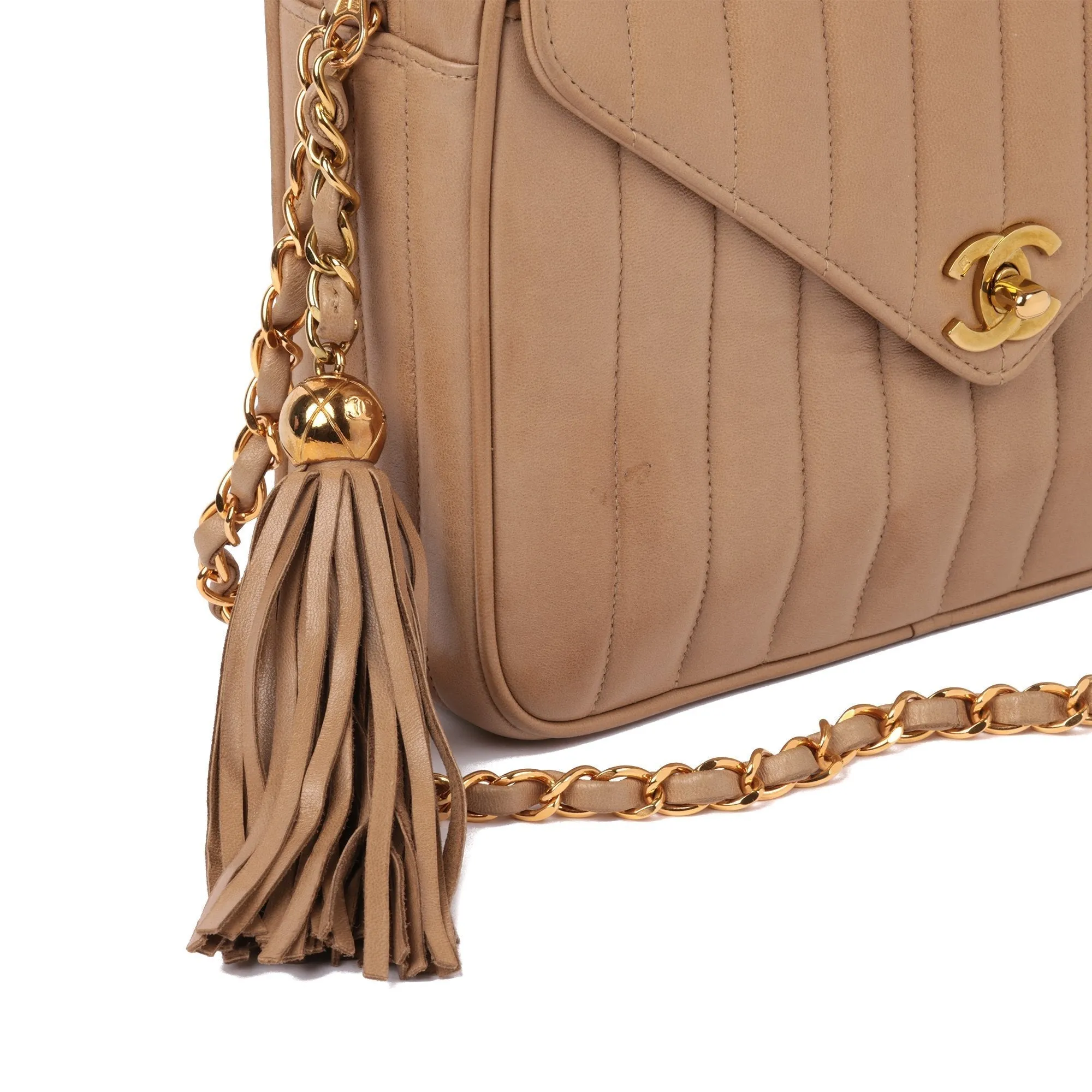 Chanel Beige Vertical Quilted Lambskin Vintage Small Classic Camera Bag