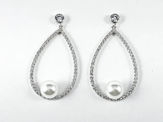 Classic Large Open Pear Shape With Bottom Pearl Dangle CZ Brass Earrings