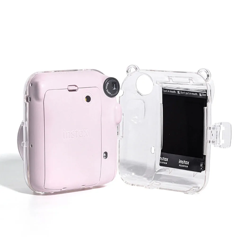 Clear Case For Fujifilm Mini 12 Instant Camera, Hard PC Cover with Adjustable Strap and Pocket & Decorative sticker - Blue