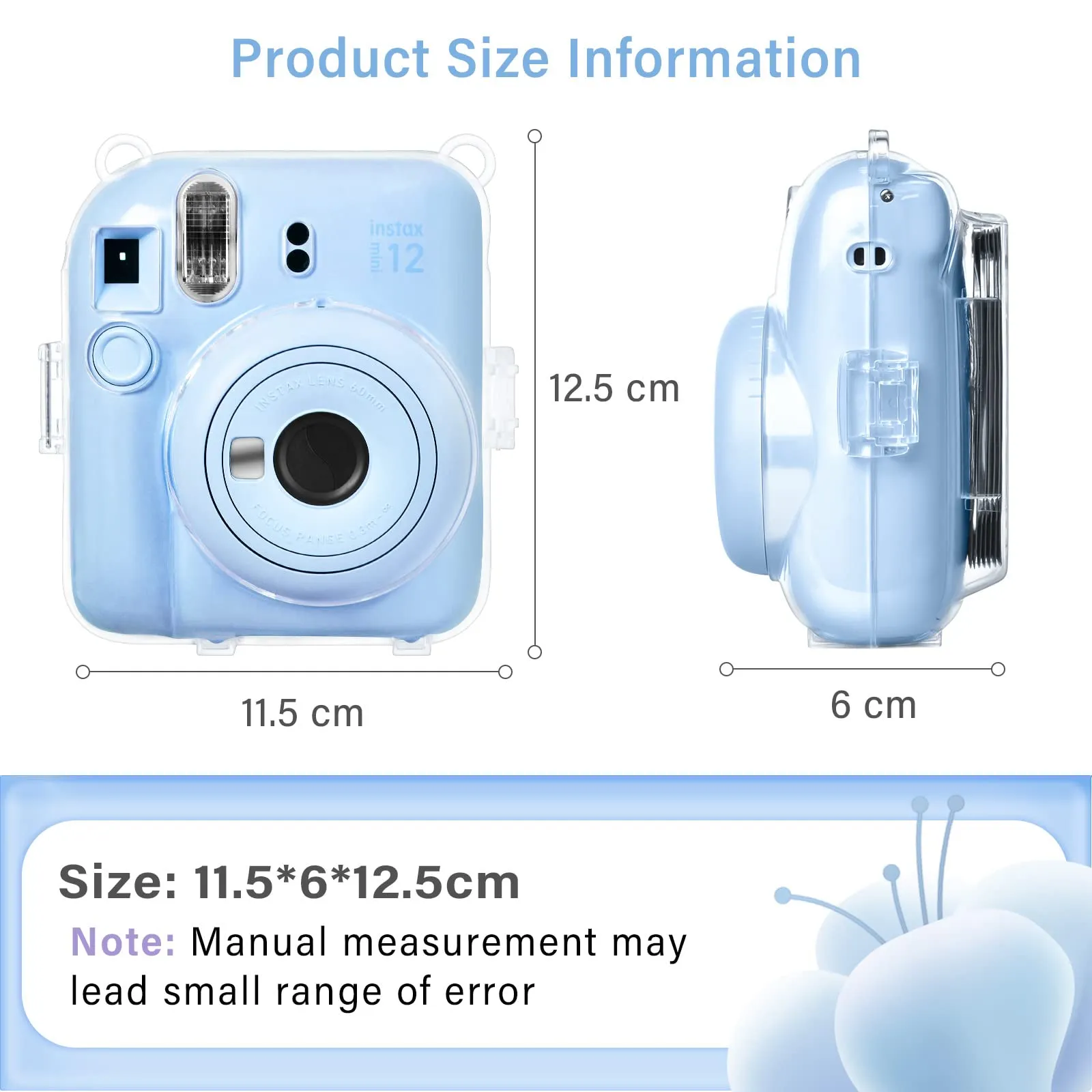 Clear Case For Fujifilm Mini 12 Instant Camera, Hard PC Cover with Adjustable Strap and Pocket & Decorative sticker - Blue