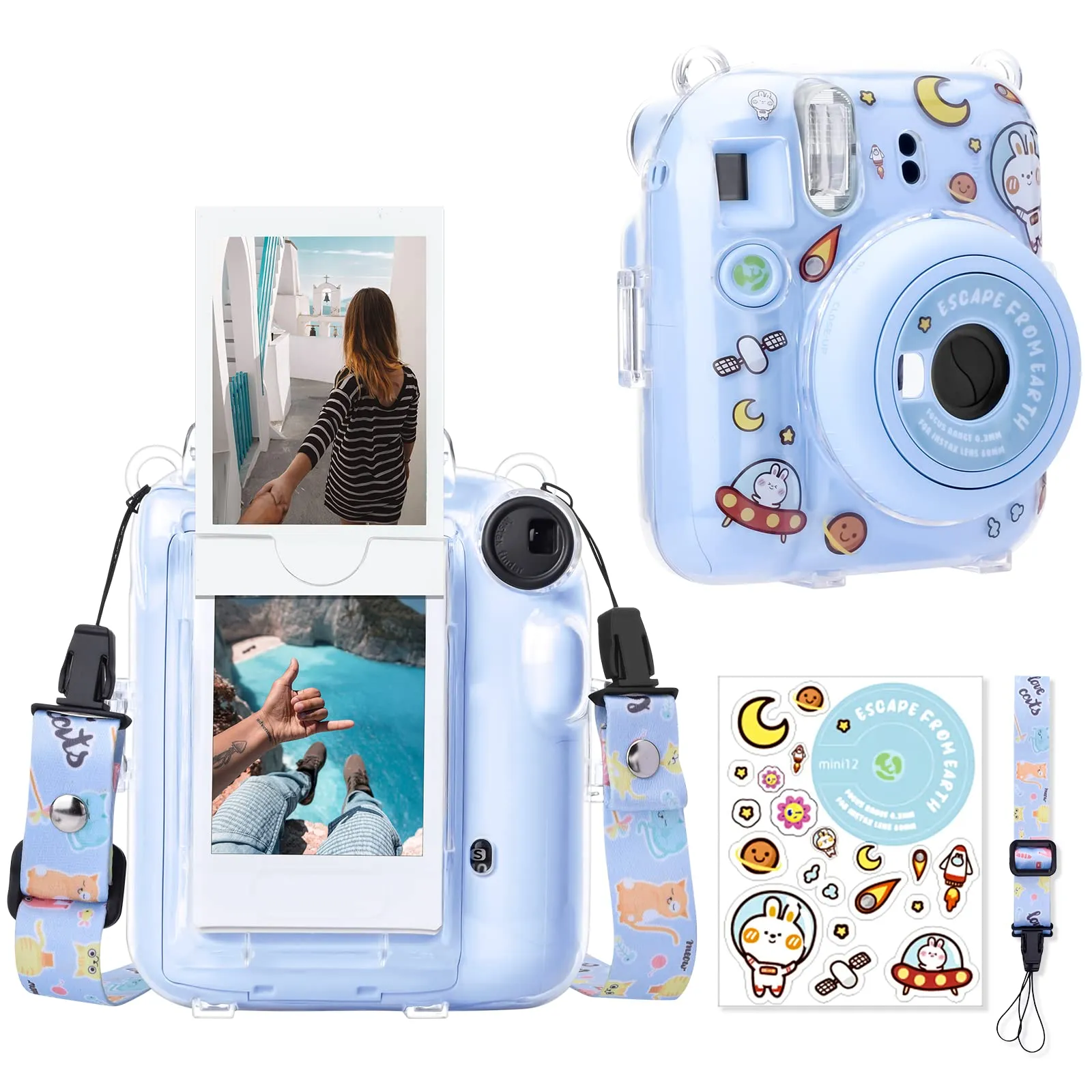 Clear Case For Fujifilm Mini 12 Instant Camera, Hard PC Cover with Adjustable Strap and Pocket & Decorative sticker - Blue
