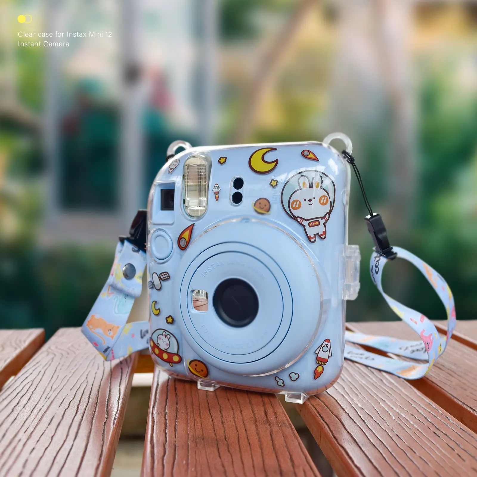 Clear Case For Fujifilm Mini 12 Instant Camera, Hard PC Cover with Adjustable Strap and Pocket & Decorative sticker - Blue