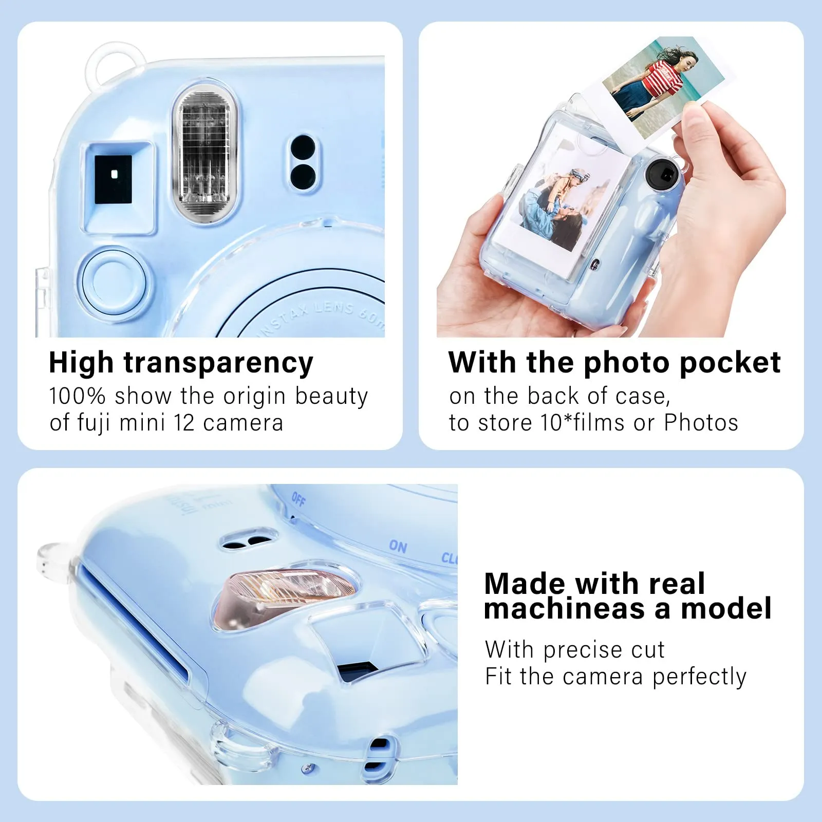 Clear Case For Fujifilm Mini 12 Instant Camera, Hard PC Cover with Adjustable Strap and Pocket & Decorative sticker - Blue