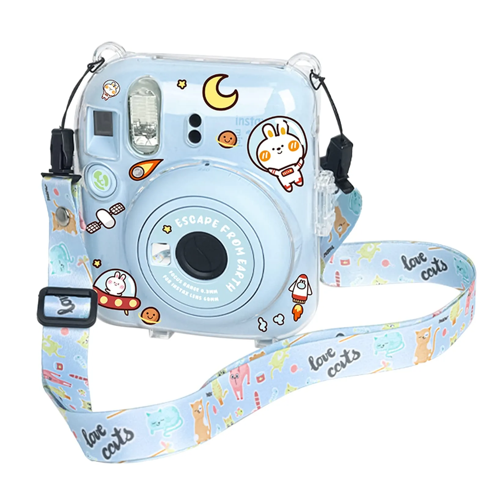 Clear Case For Fujifilm Mini 12 Instant Camera, Hard PC Cover with Adjustable Strap and Pocket & Decorative sticker - Blue