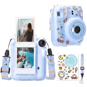 Clear Case For Fujifilm Mini 12 Instant Camera, Hard PC Cover with Adjustable Strap and Pocket & Decorative sticker - Blue