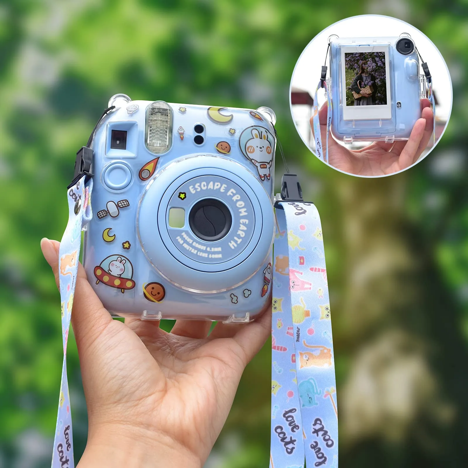 Clear Case For Fujifilm Mini 12 Instant Camera, Hard PC Cover with Adjustable Strap and Pocket & Decorative sticker - Blue