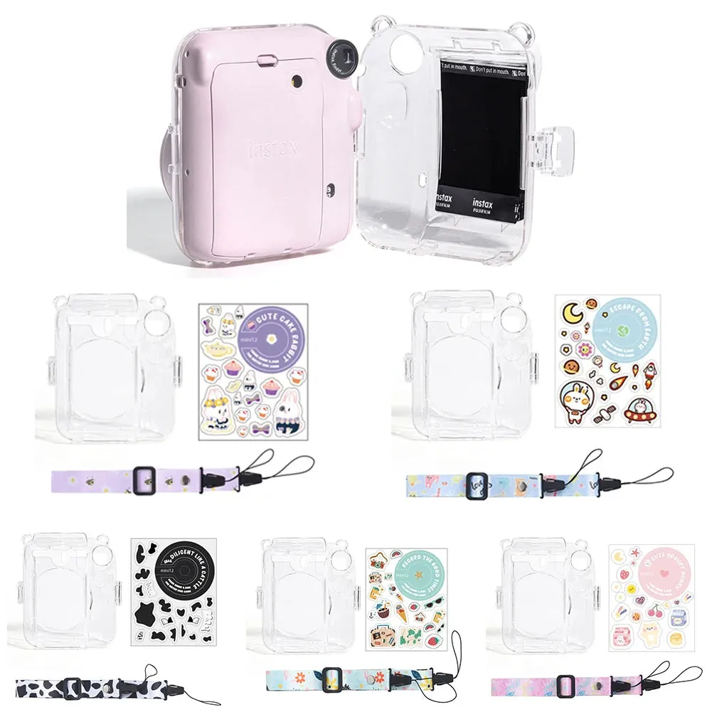 Clear Case For Fujifilm Mini 12 Instant Camera, Hard PC Cover with Adjustable Strap and Pocket & Decorative sticker - Blue