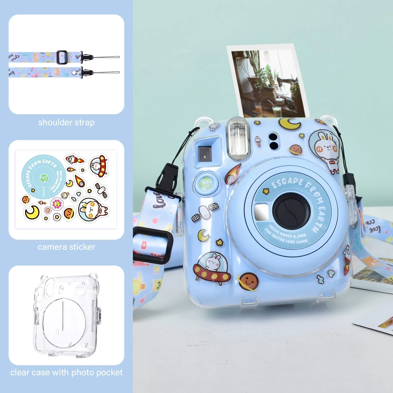 Clear Case For Fujifilm Mini 12 Instant Camera, Hard PC Cover with Adjustable Strap and Pocket & Decorative sticker - Blue