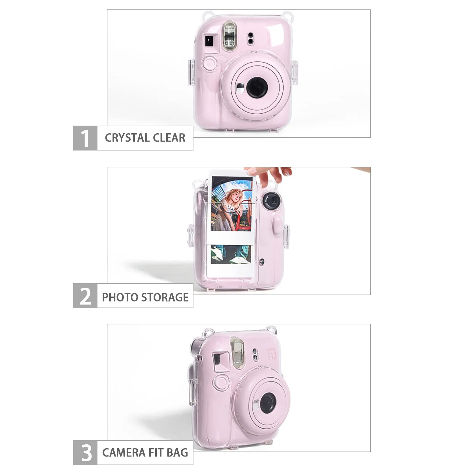 Clear Case For Fujifilm Mini 12 Instant Camera, Hard PC Cover with Adjustable Strap and Pocket & Decorative sticker - Blue