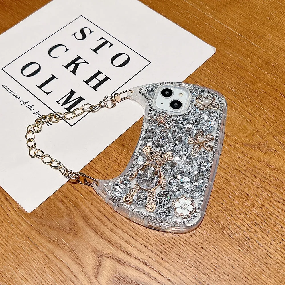 Colorful Diamond Phone Case With Metal Chain Strap - iPhone 15 Pro