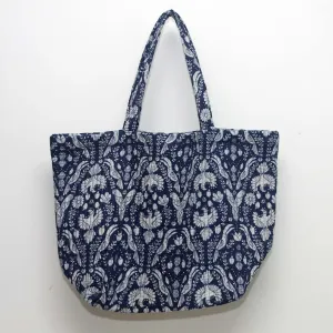 Cotton Quilted Large Shopping / Beach Bag - Bird Print Indigo