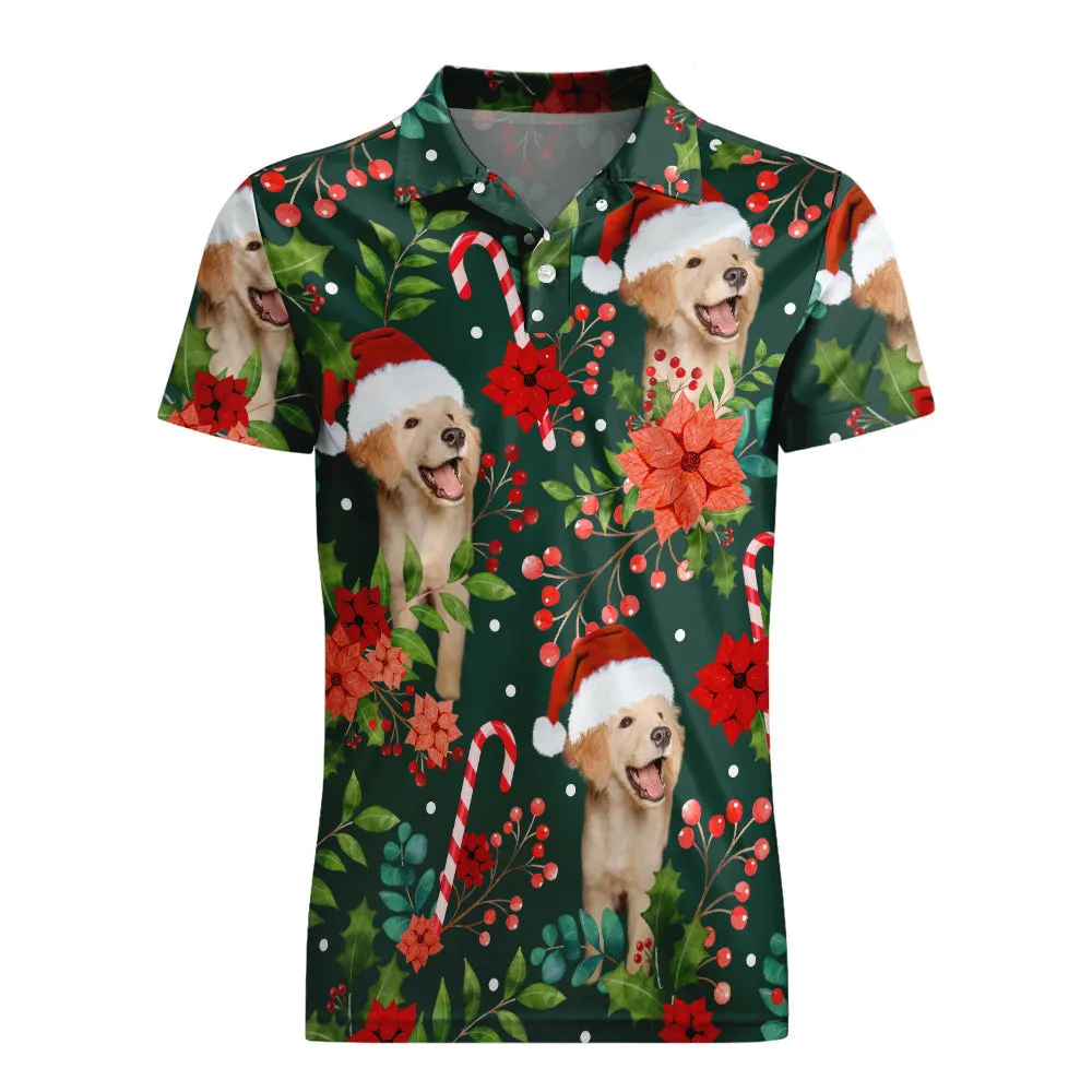 Custom Photo Short Sleeve Polo Shirt Personalised Christmas Poinsettia Flower Golf Shirt Mens Tops