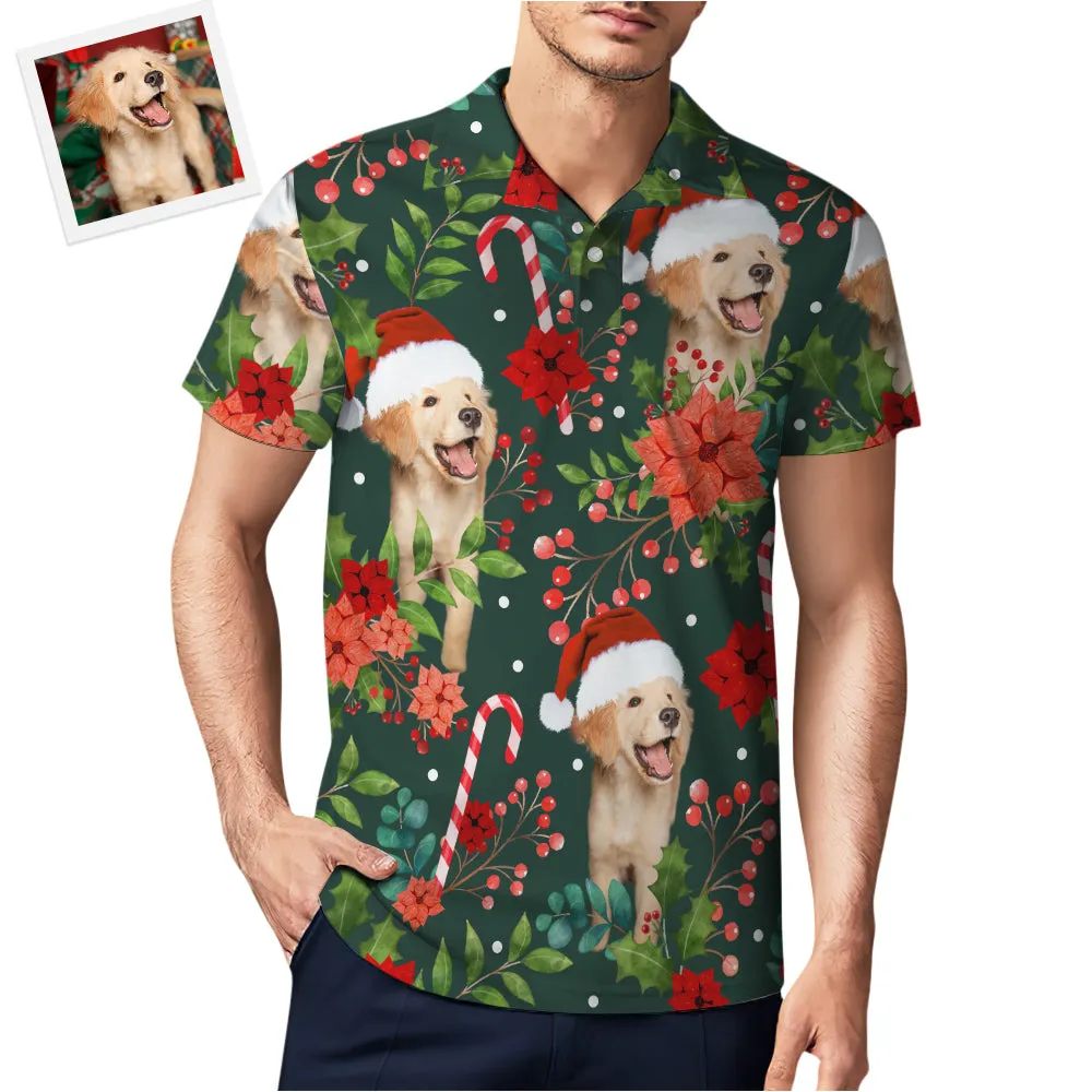 Custom Photo Short Sleeve Polo Shirt Personalised Christmas Poinsettia Flower Golf Shirt Mens Tops