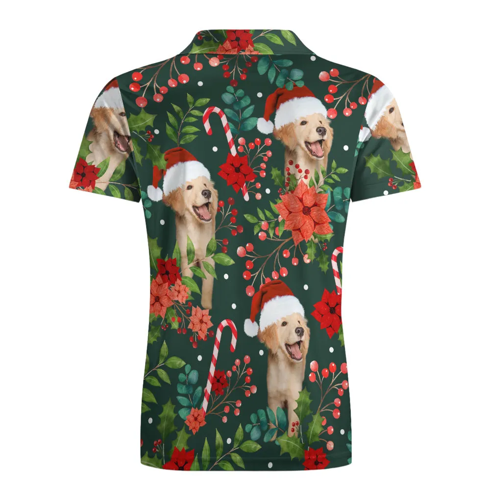 Custom Photo Short Sleeve Polo Shirt Personalised Christmas Poinsettia Flower Golf Shirt Mens Tops