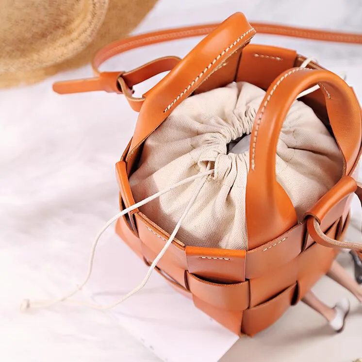 Cute Womens Black Woven Leather Handbag Leather Bucket Bag For Women