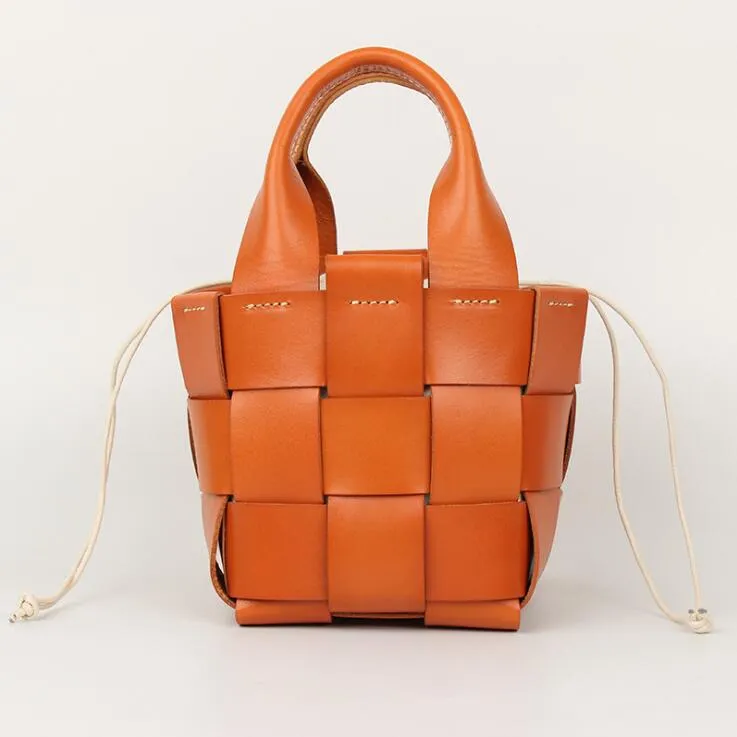 Cute Womens Black Woven Leather Handbag Leather Bucket Bag For Women