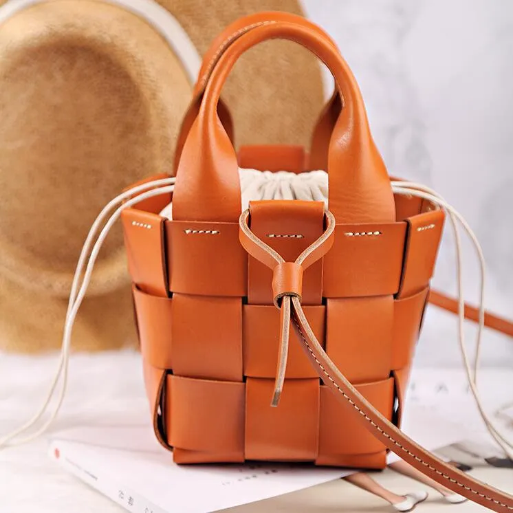 Cute Womens Black Woven Leather Handbag Leather Bucket Bag For Women