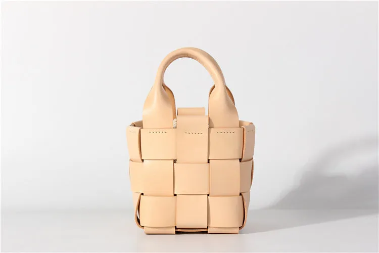 Cute Womens Black Woven Leather Handbag Leather Bucket Bag For Women