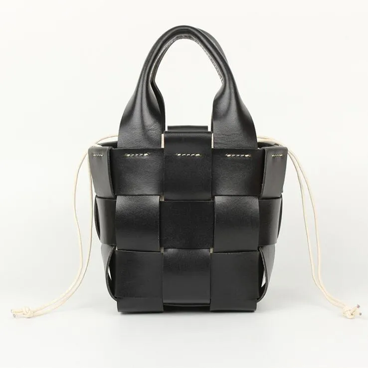 Cute Womens Black Woven Leather Handbag Leather Bucket Bag For Women