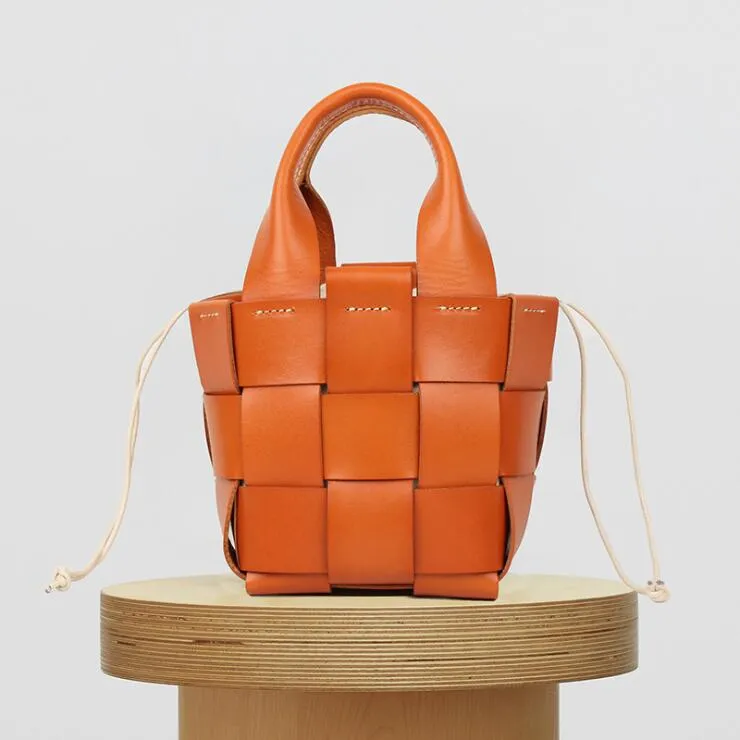 Cute Womens Black Woven Leather Handbag Leather Bucket Bag For Women