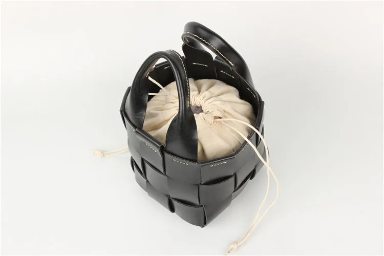 Cute Womens Black Woven Leather Handbag Leather Bucket Bag For Women